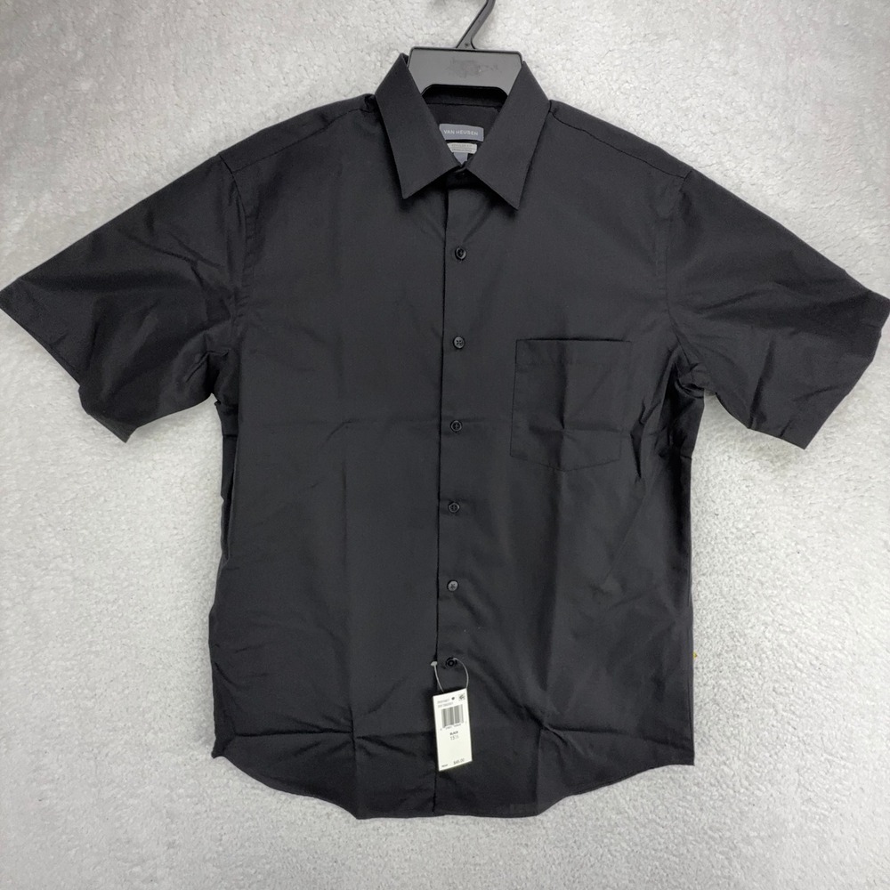 Van Heusen Men Regular Fit Wrinkle Free Short Sleeve Button Shirt Black 15.5